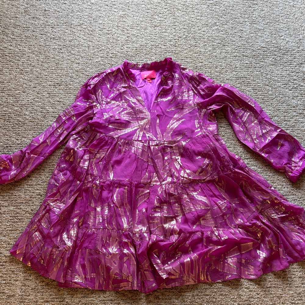 Lilly Pulitzer Magenta Pink Metallic Gold Tiered Dress